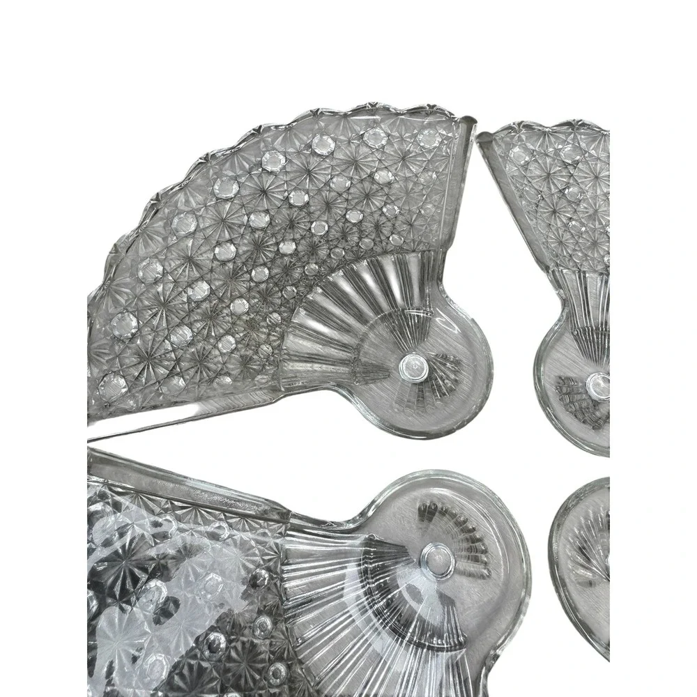 MCM Vintage Daisy Button Crystal Fan Snack Plates Clear Glass Set of 4